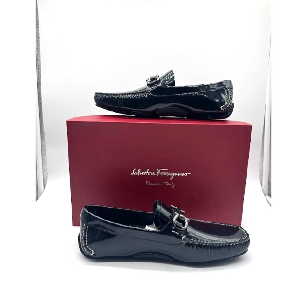 Salvatore Ferragamo PARIGI Men's Sz 6.5 Black Patent Leather Bit Driver Loafers